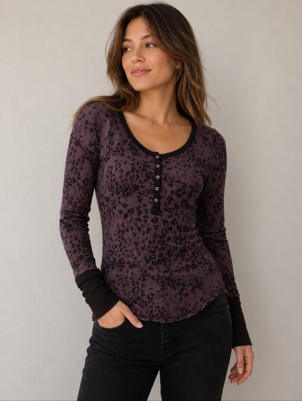 WE THE FREE Purple Leopard Print Waffle Long Sleeve Henley Shirt